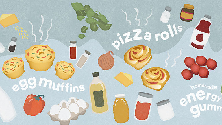 Illustrations of all the ingredients to make egg muffins, pizza rolls and homemade energy gummies