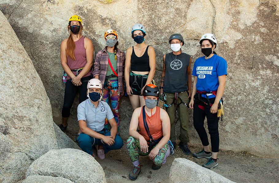 Portraits of the participants in the 2020 American Mountain Guides Association, six LGBTQIA2S+ Single Pitch Instructor Course in Joshua Tree National Park.