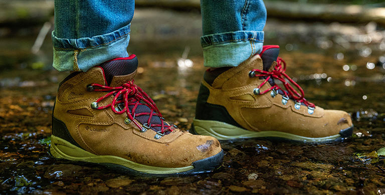 Close-up of a person wearing Columbia hiking boots