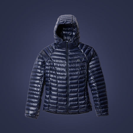 Navy Ghost Whisperer UL Jacket overlaid on a navy background with light blue glow