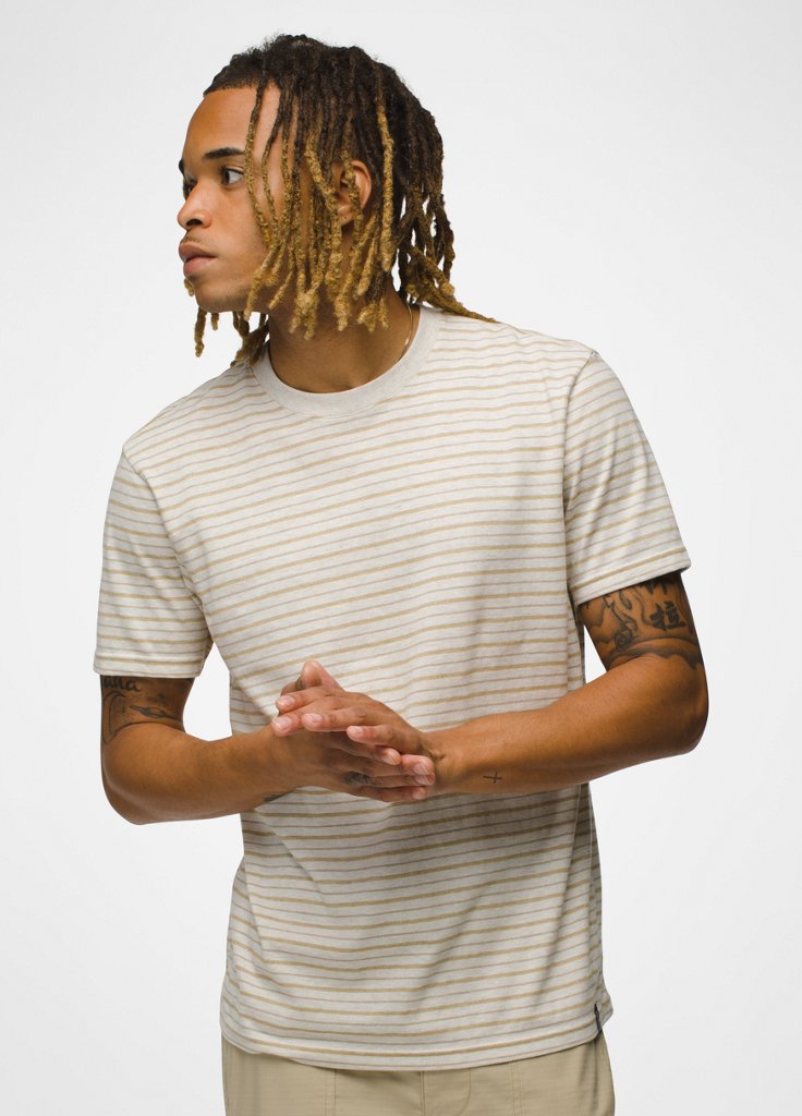 Mens prAna Crew T-Shirt - Oatmeal Stripe