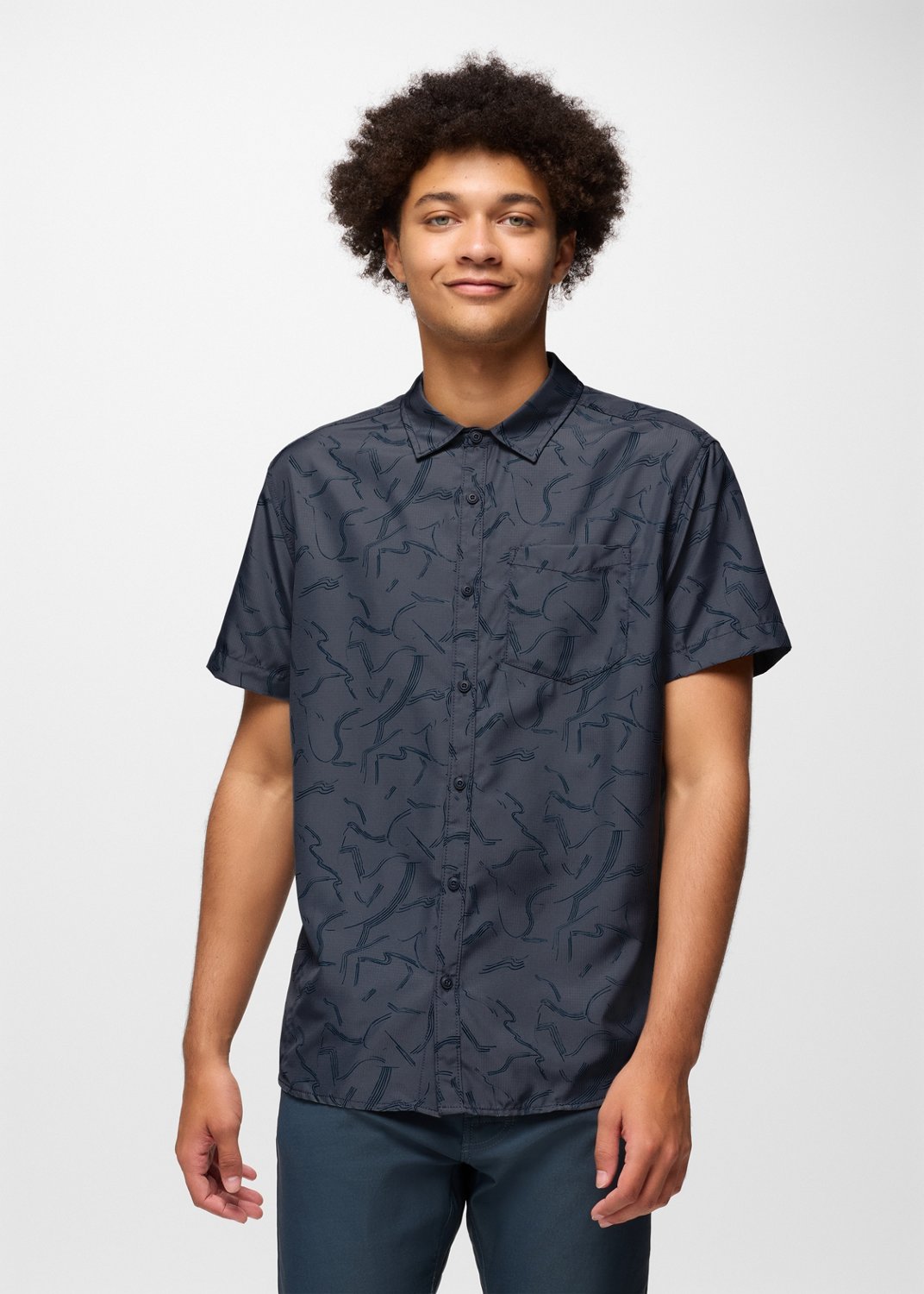 Mens prAna Lost Sol Printed Short Sleeve Shirt - Thundercloud Seedling