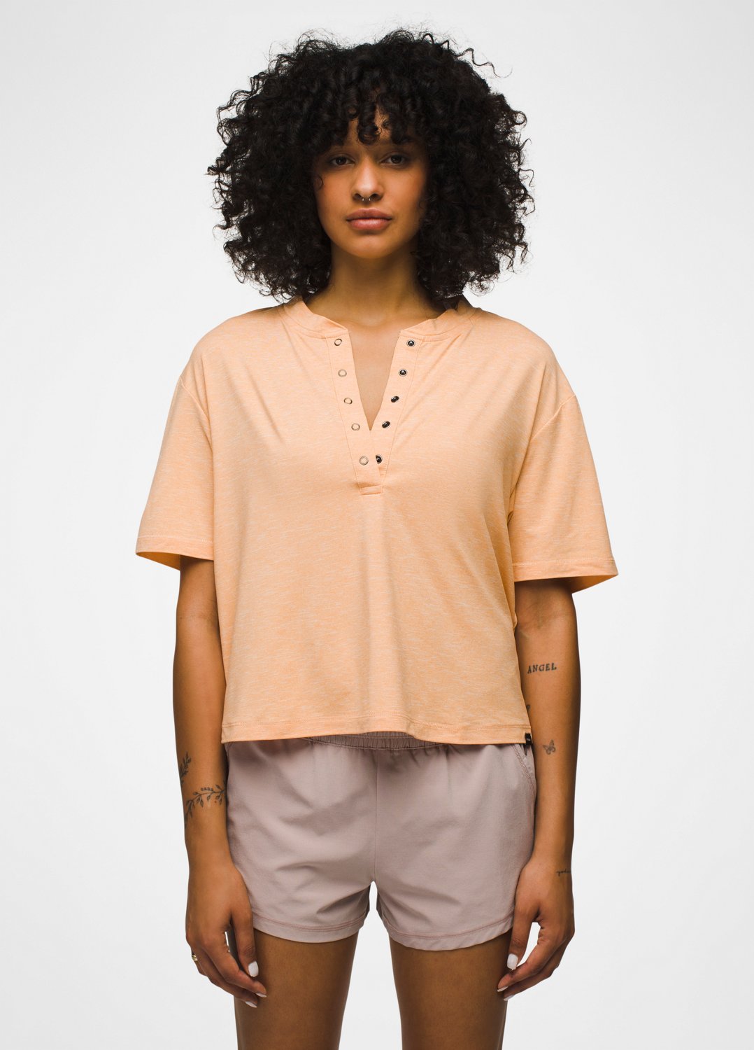 Womens prAna Sol Searcher Short Sleeve Henley - Aura Glow