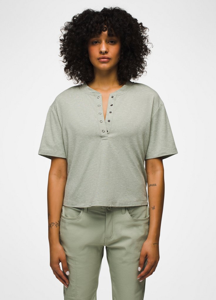 Womens prAna Sol Searcher Short Sleeve Henley - Juniper Green