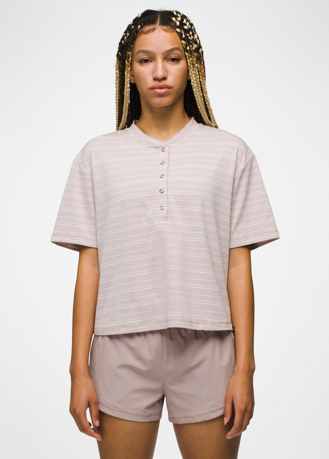 Womens prAna Sol Searcher Short Sleeve Henley - Willow Stripe