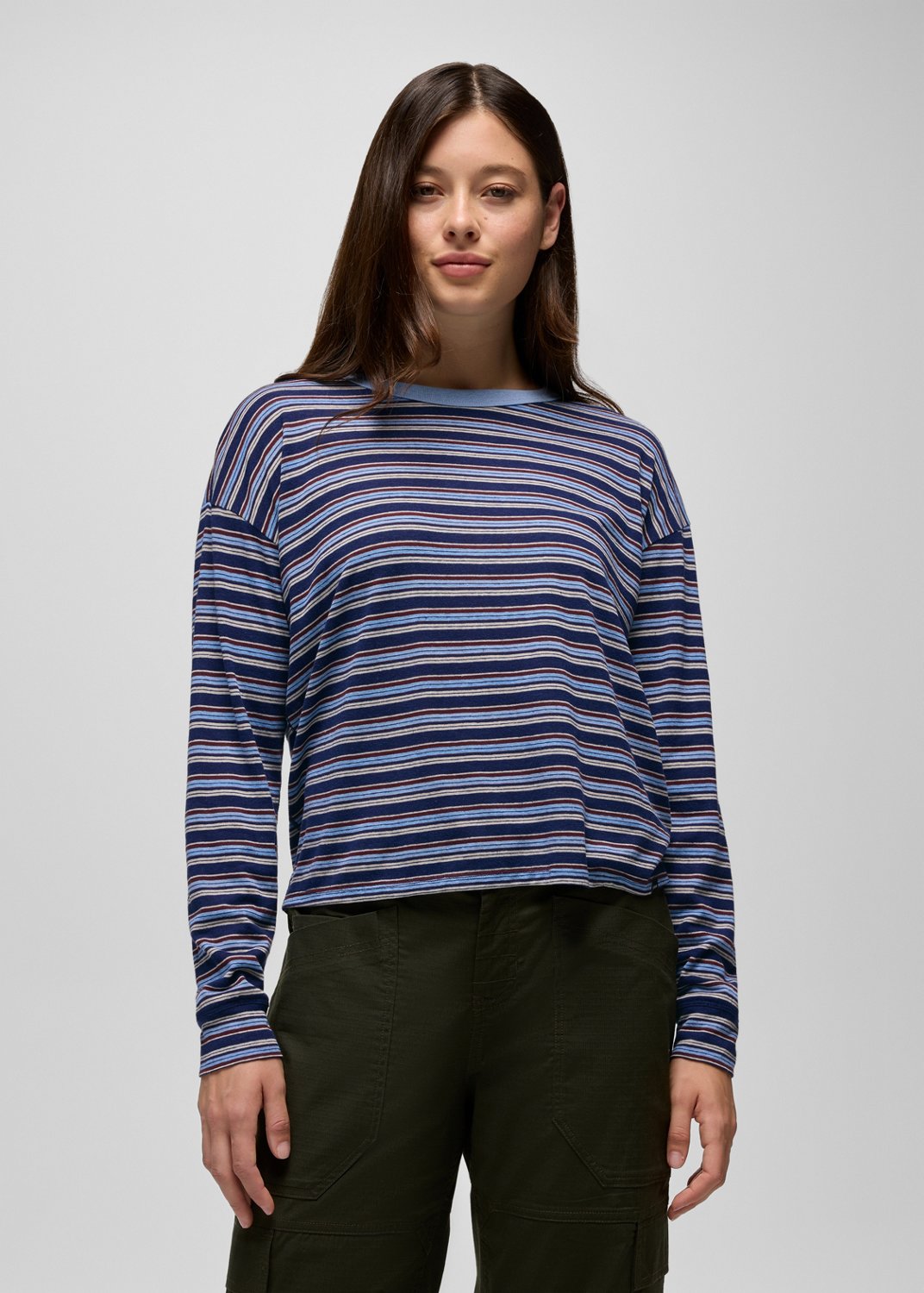 Womens prAna Cozy Up Long Sleeve Crew - Capulet Blue Stripe