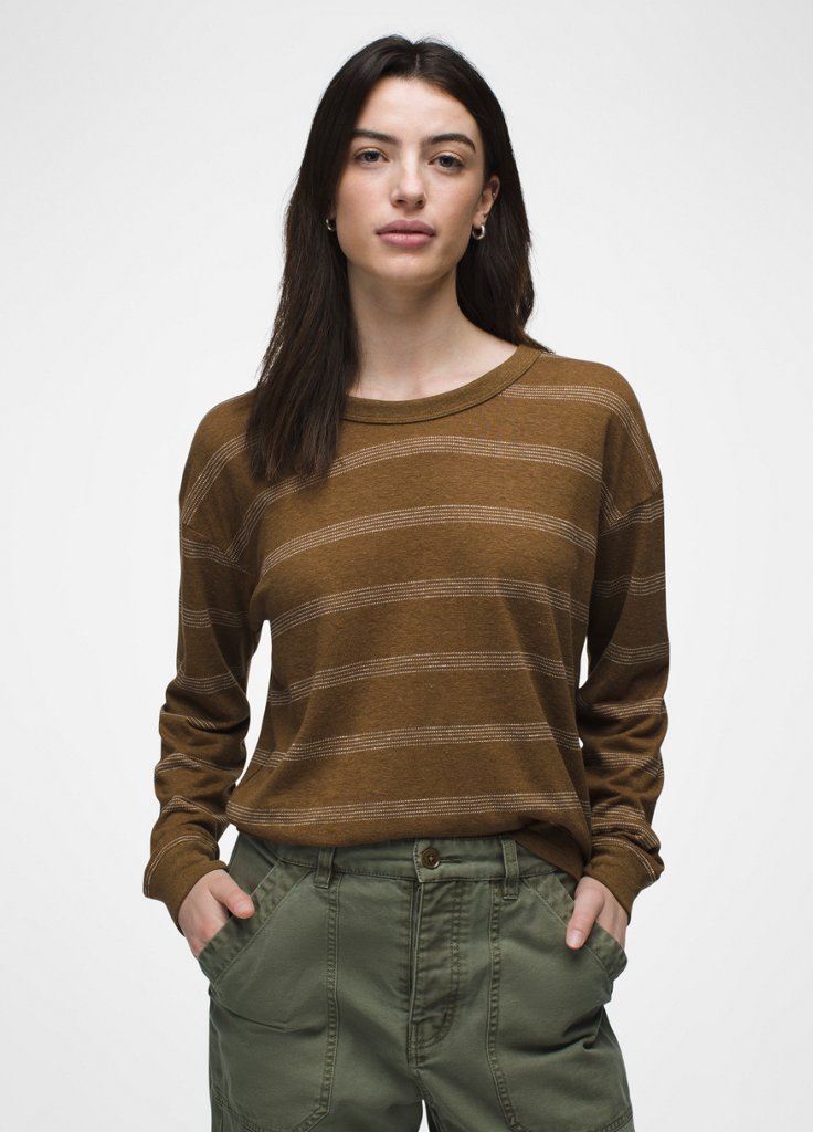 Womens prAna Cozy Up Long Sleeve Crew - Sepia Stripe