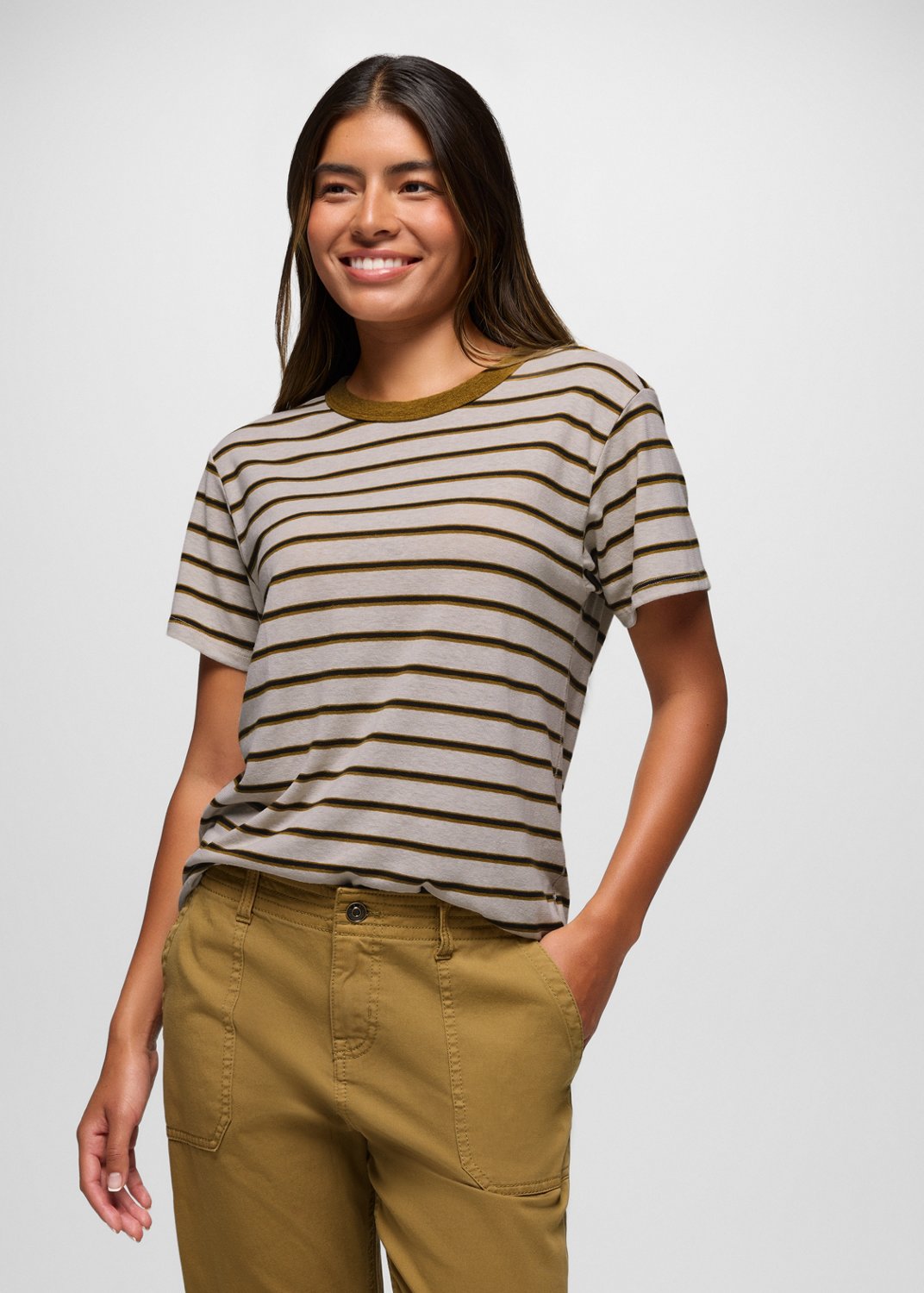 Womens prAna Cozy Up Short Sleeve Crew - Retro Olive Stripe