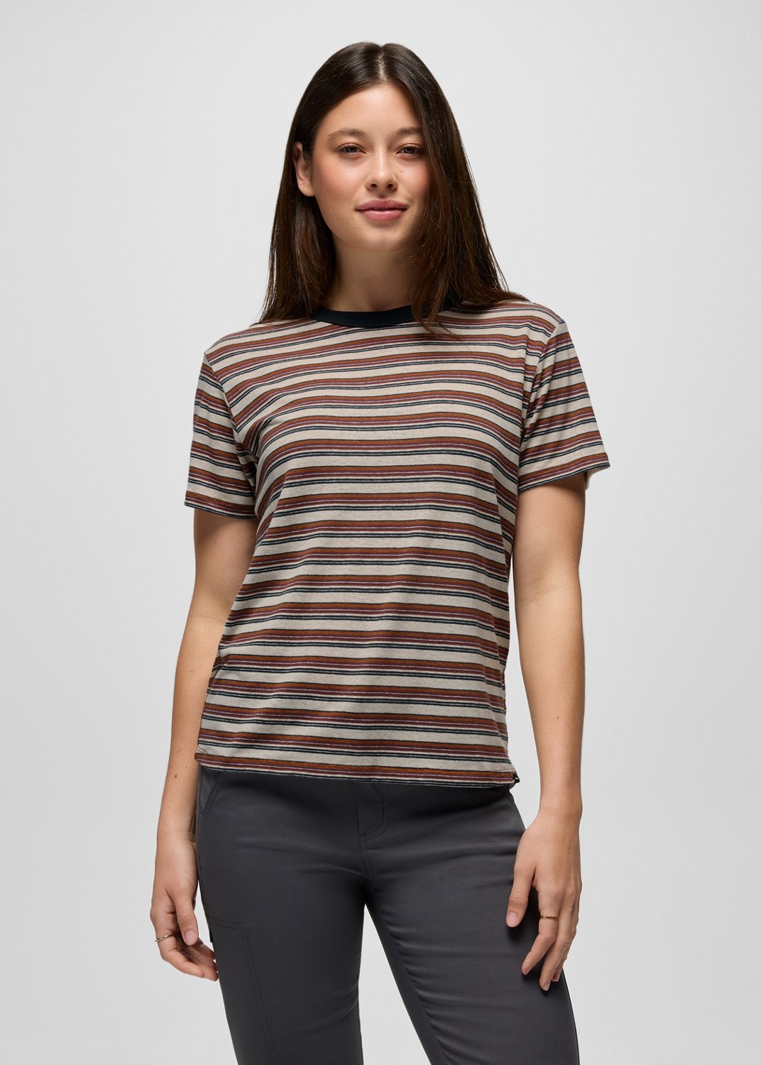 Womens prAna Cozy Up Short Sleeve Crew - Stormy Night Stripe