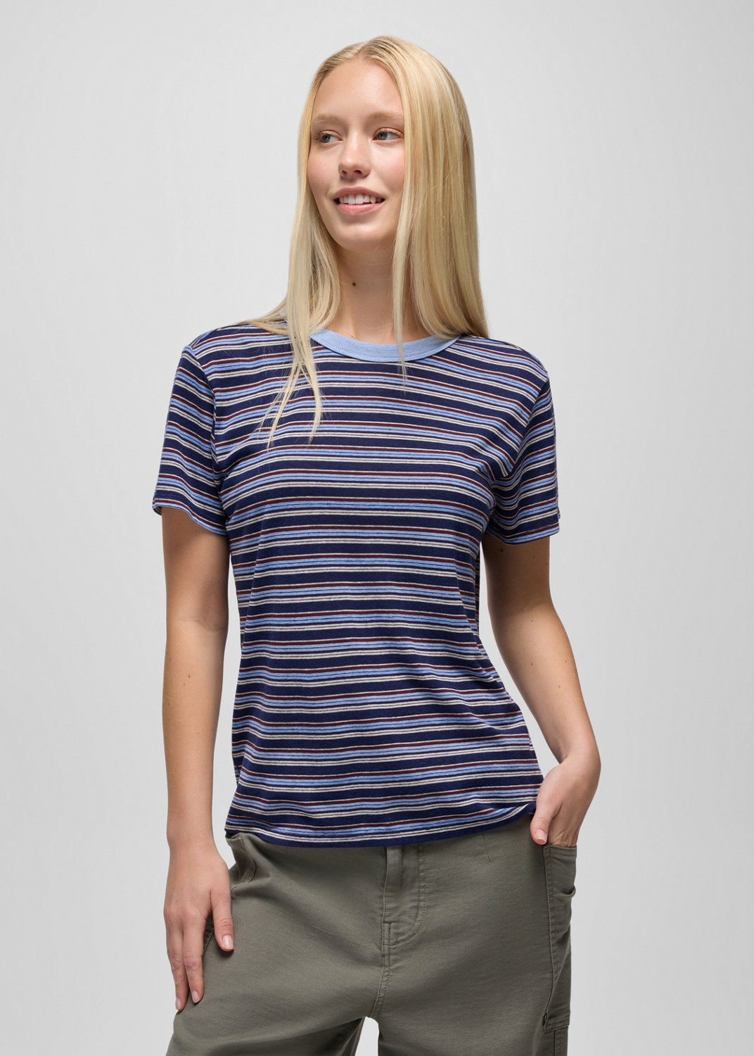 Womens prAna Cozy Up Short Sleeve Crew - Capulet Blue Stripe