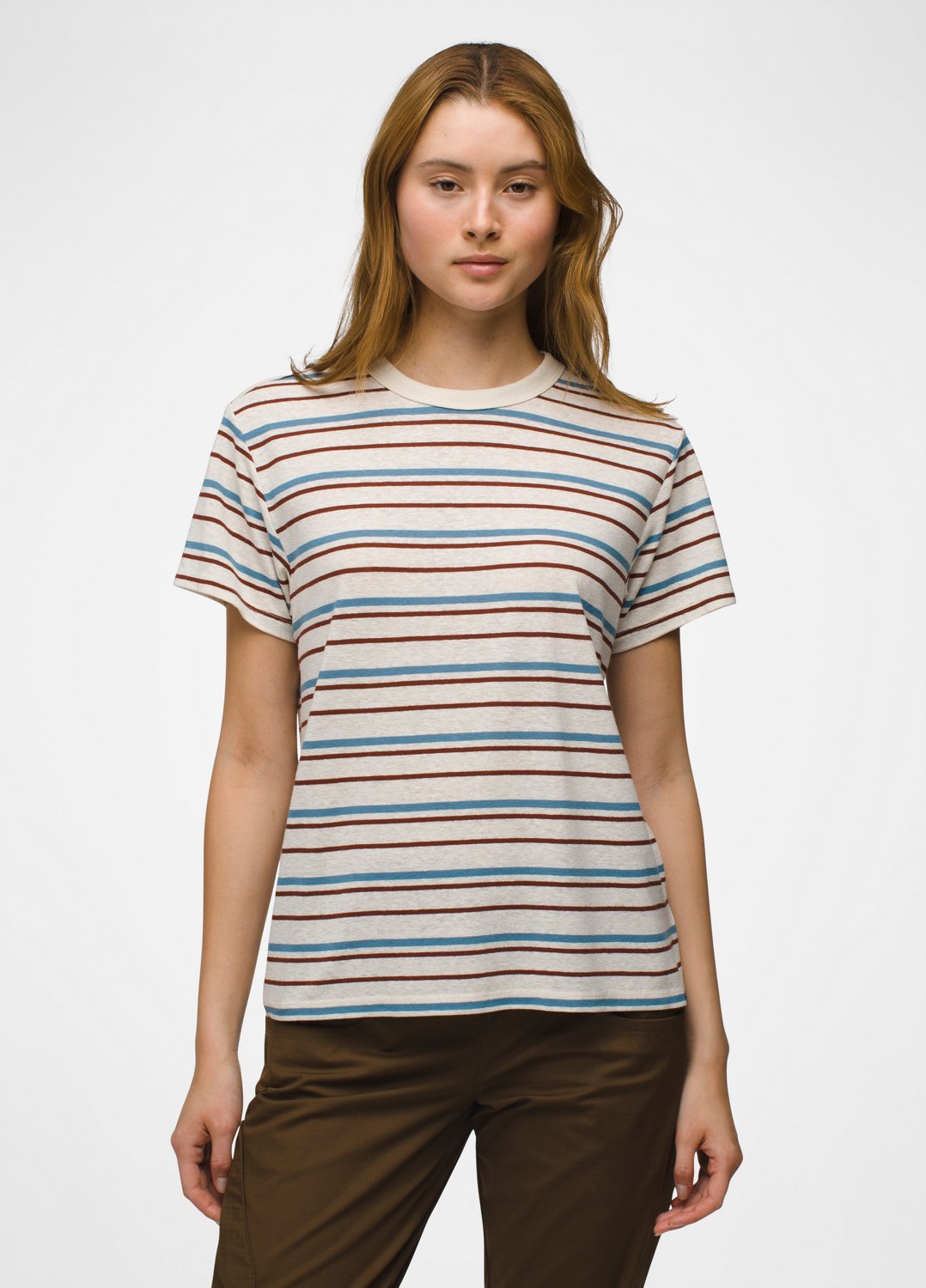 Womens prAna Cozy Up Short Sleeve Crew - High Tide Stripe