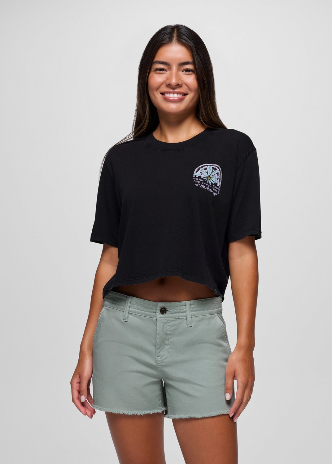 Womens prAna Everyday Graphic Crop Tee - Black Happy Petals