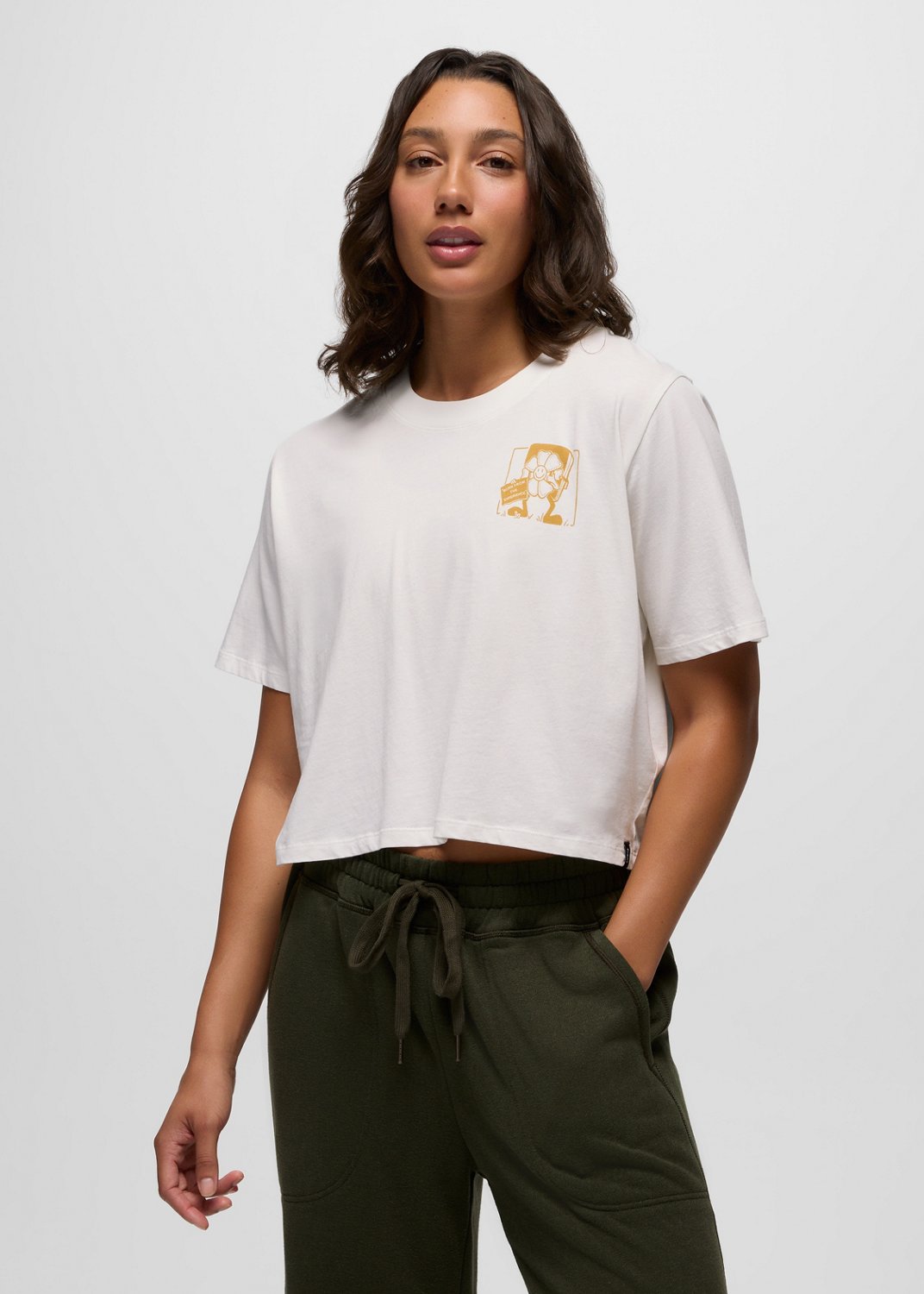 Womens prAna Everyday Graphic Crop tee - Soft White Storybook