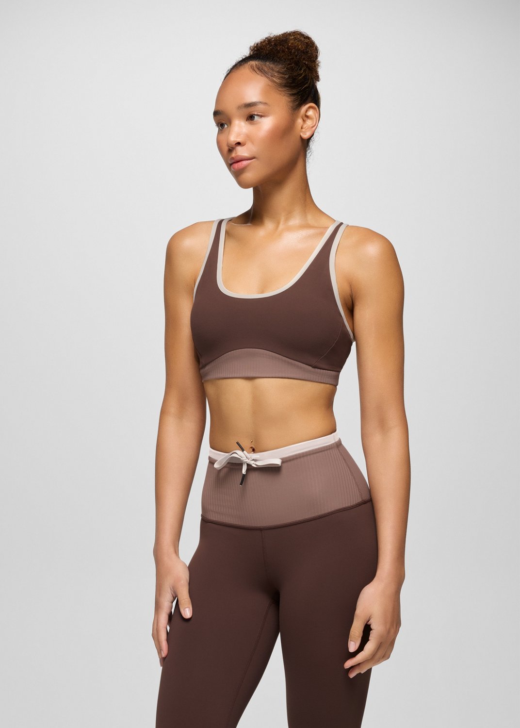 Womens prAna Luxara™ Salutations Bra - Mocha Colorblock