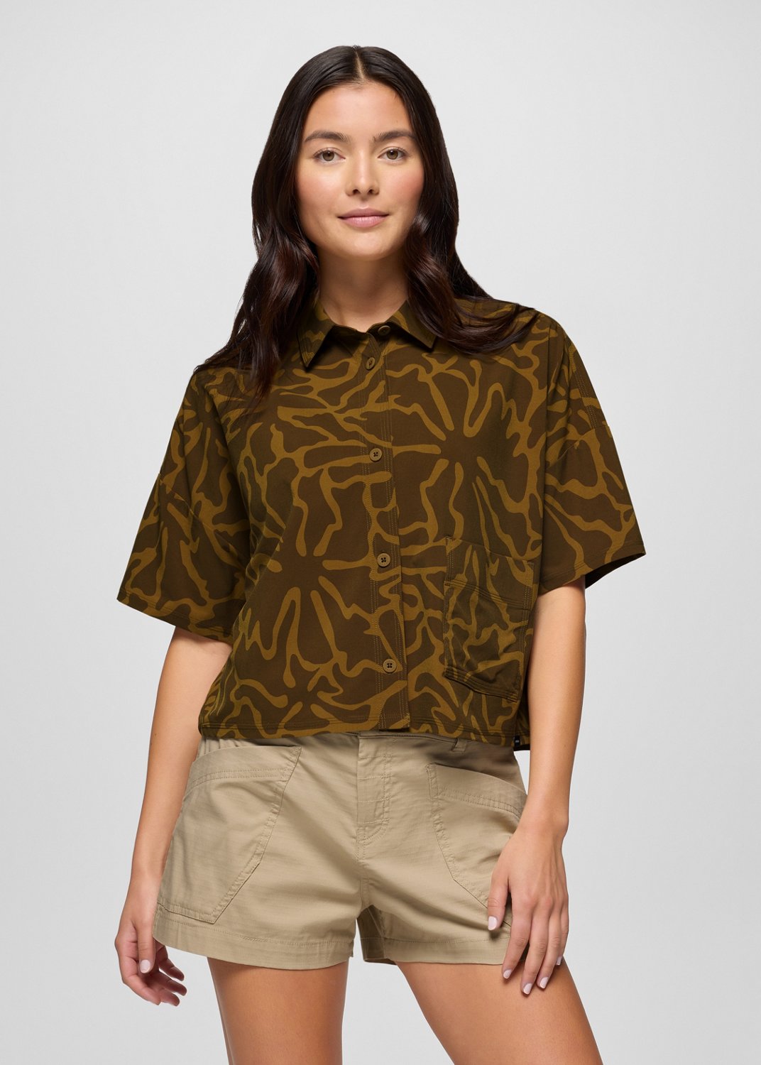 Womens prAna Railay Short Sleeve Button Down - Retro Olive Boogie Bloom