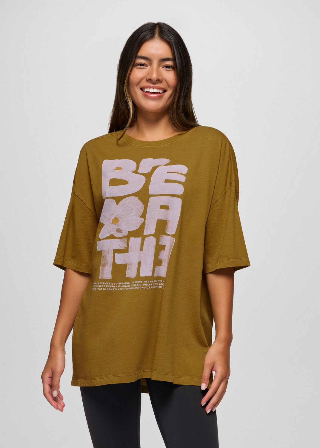 Womens prAna Everyday Graphic Oversized Tee - Retro Olive / Luminous Breathe