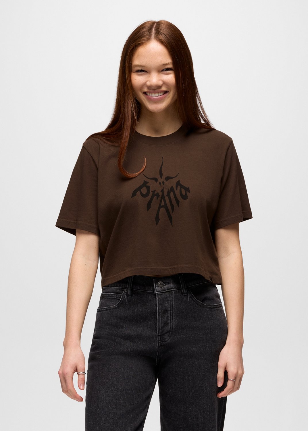 Womens prAna Heritage Graphic Crop Tee - Dark Roast