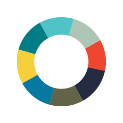 Icon of a circle outline with 8 color sections - yellow, teal, bright blue, faded blue green, red, navy, army green and blue - representing our goal to become a more diverse organization.
