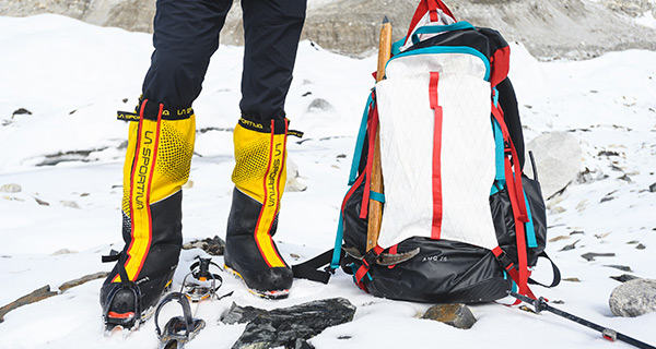 Gear at Everest Base Camp; La Sportiva Mountaineering Boots and the Mountain Hardwear AMG 75 pack.
