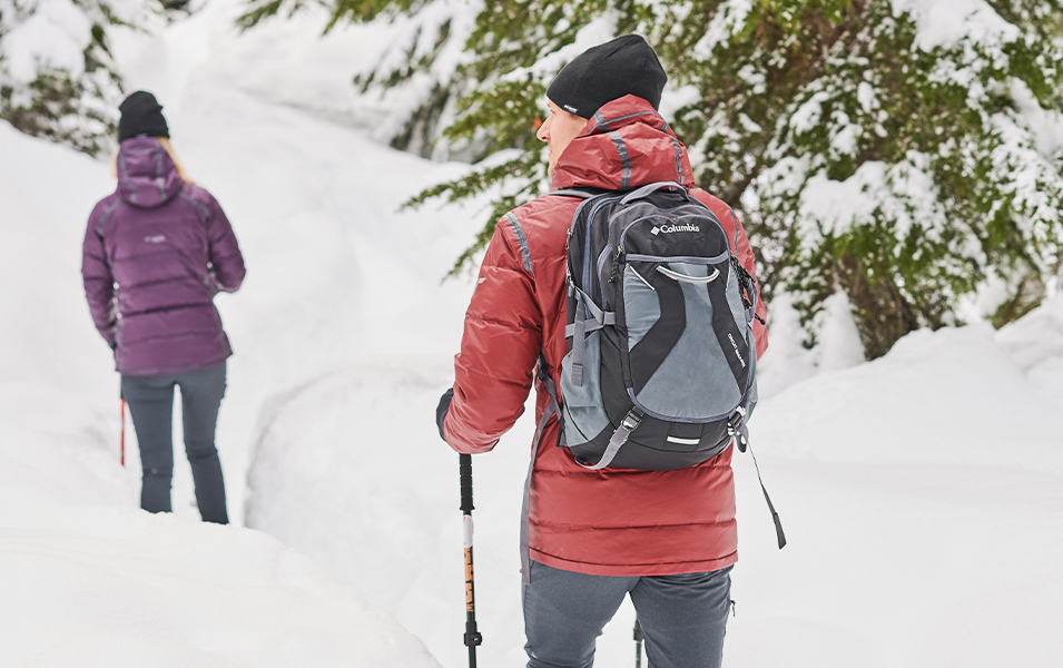 Two people snowshoeing on a very snowy trail.