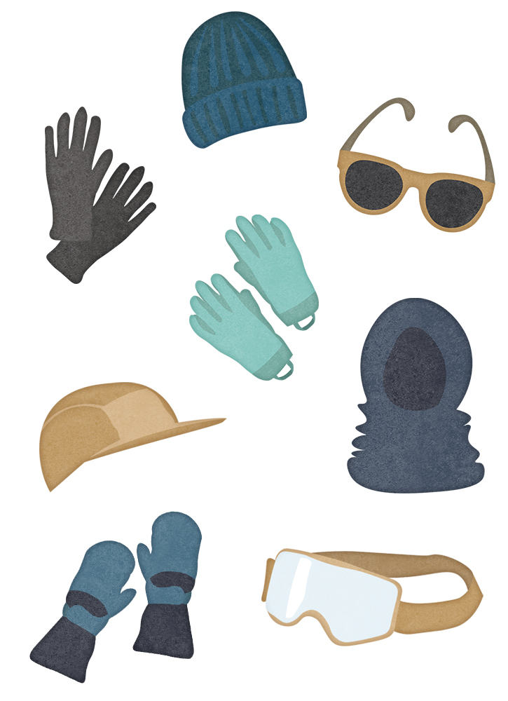 Illustrations of gloves, hats, neck gaiter, sunglasses and googles