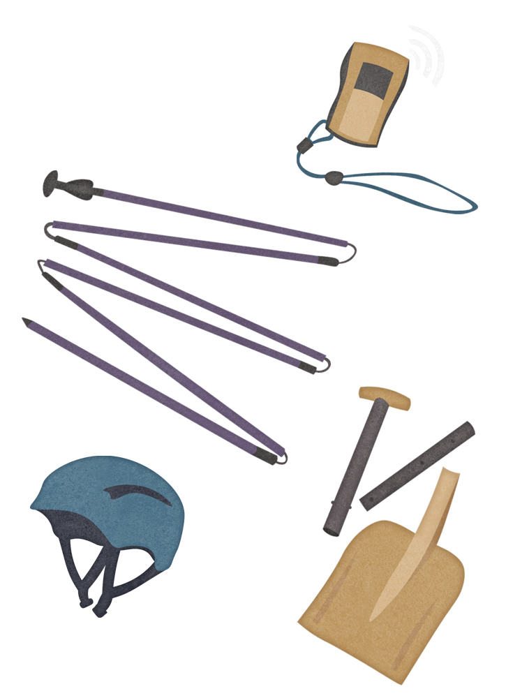 illustration of a probe, beacon, shovel and helmet