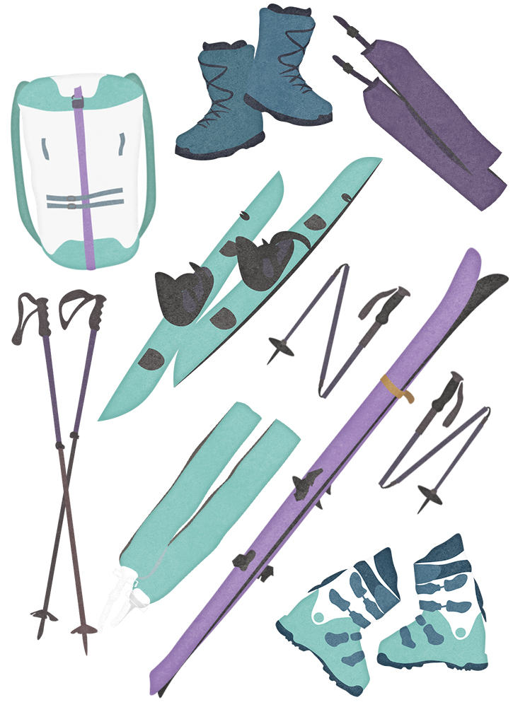 Illustrations of ski & snowboard boots, climbing skins, poles, skis, splitboard, backpack, and helmet