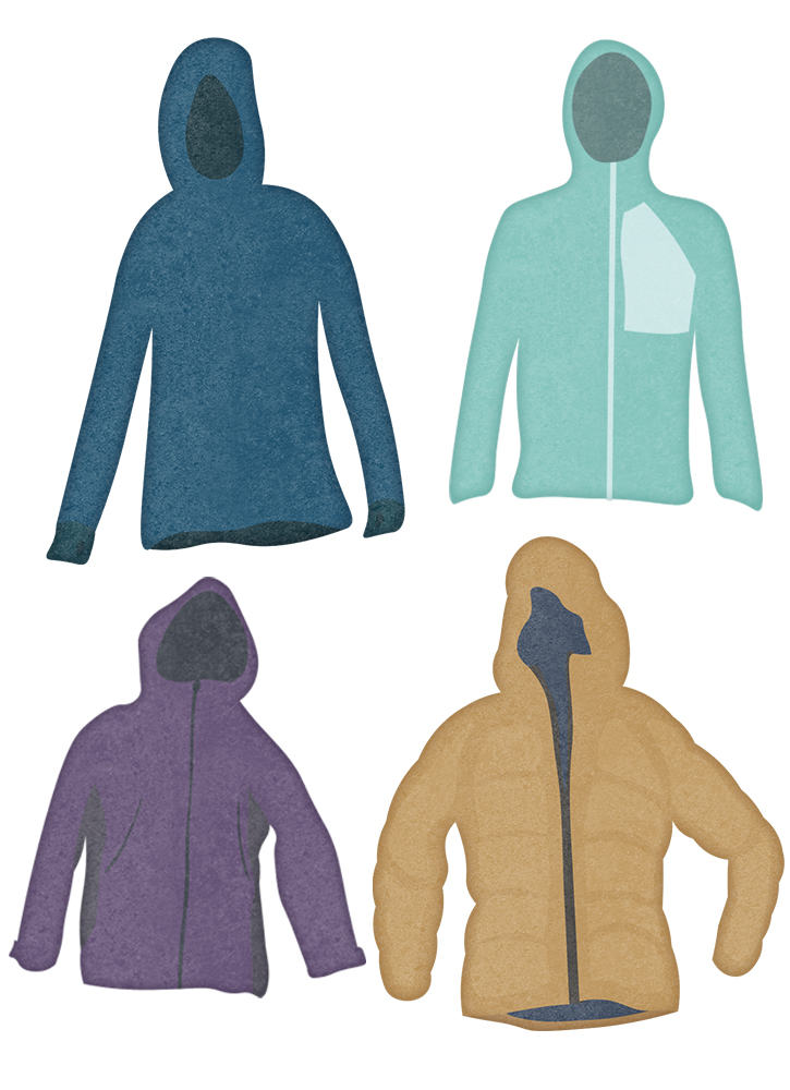 illustrations of a long sleeve base layer, soft shell or fleece jacket, shell jacket with hood and insulated parka
