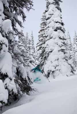 Jas Clancy, from Revelstoke Backcountry, skis happily in the backcountry.