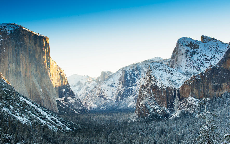 Tall and jagged cliffs covered in snow tower over a thick forest below in Yosemite National Park.