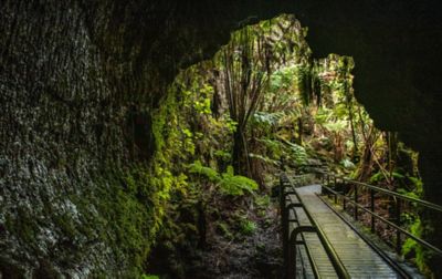 A scenic wooden trail with rails on the sides passes through a dark cave in Volcanoes National Park with lush green foliage on the other side.
