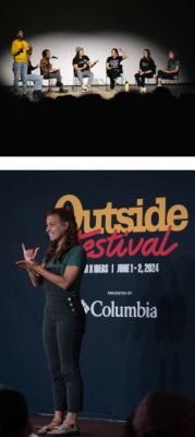 Shayna using sign language to speak at two different events, Outside Festival and No Man's Land Film Festival.
