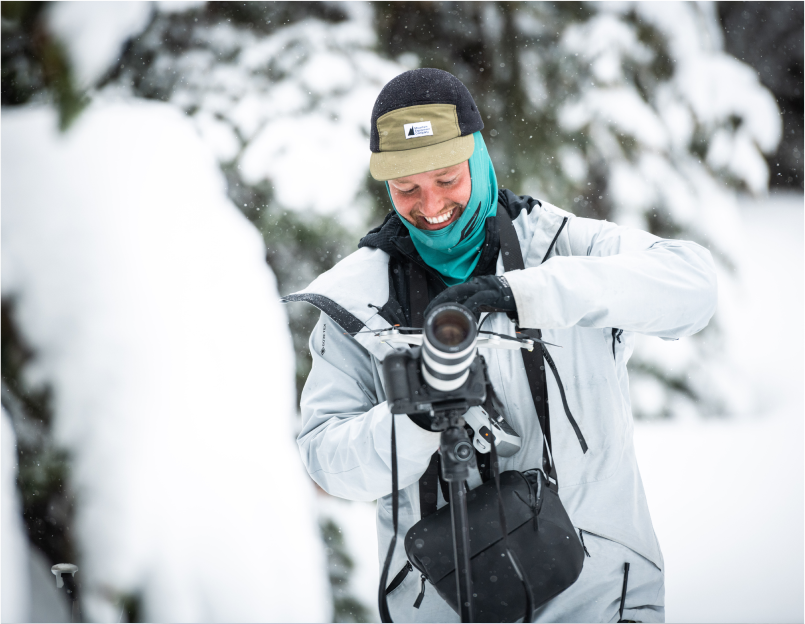 Director Ryan-Paul Collins behind the camera while on the mountain in backcountry of B.C.
