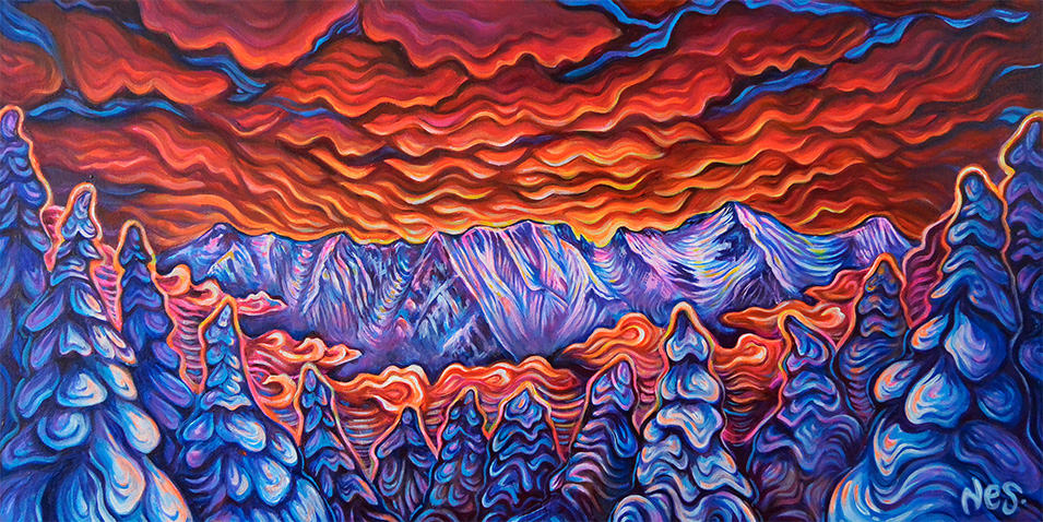 A Vanessa Stark painting titled “Love, Lines and Light” that shows a purple-and-red mountain landscape.