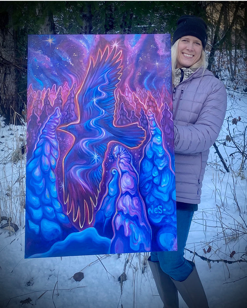 A Vanessa Stark painting titled “Flow & Feather - Spirit of the Mountain.” 
