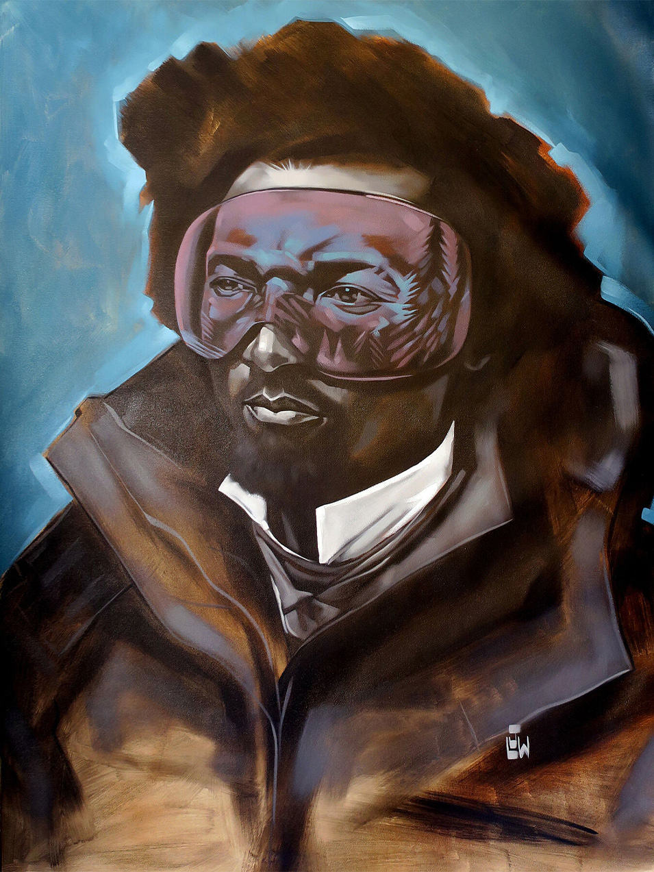 A Lamont Joseph White painting depicting civil rights leader Frederick Douglass wearing ski goggles.  