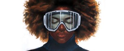 A painting by Lamont Joseph White that shows a skier wearing goggles with her eyes shut.  