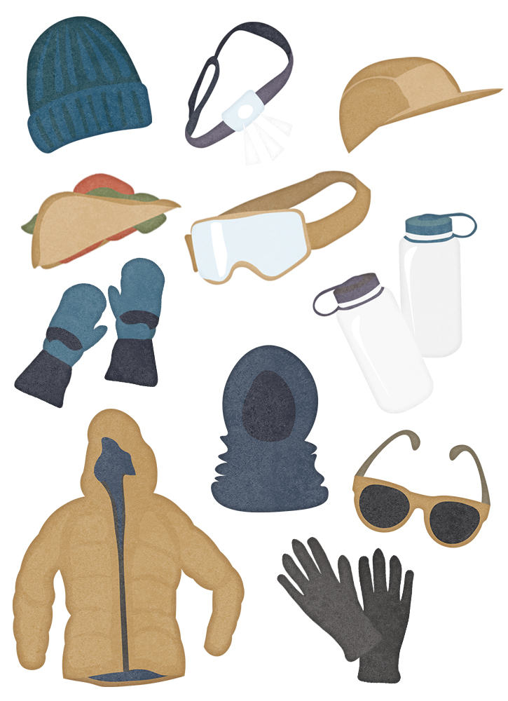 illustrations of everything that goes inside your ski pack, including: water, heavy duty gloves, headlamp, snacks, googles, sunglasses, neck gaiter, warm beanie, sun hat, and parka. 