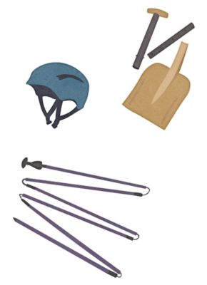 illustrations of helmet, shovel and probe