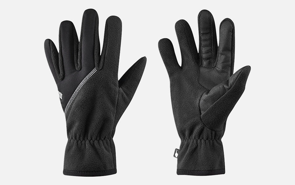 A product shot of a black pair of Columbia Sportwear fleece gloves with a white background. 