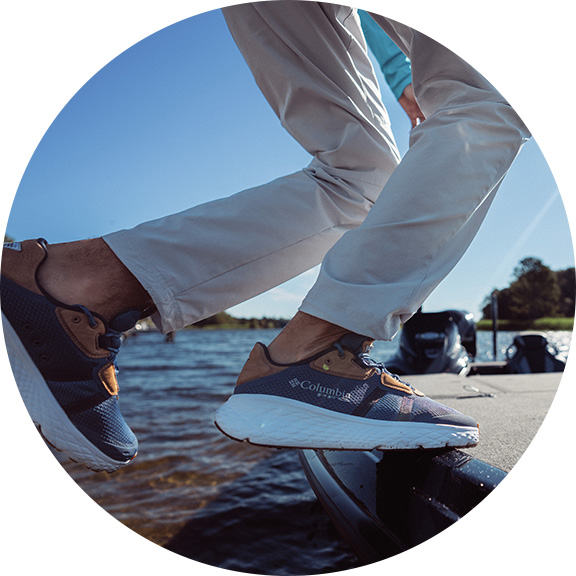 Person standing on the edge of a boat in shoes with Omni-Max