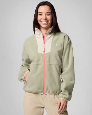 A woman wearing a two-toned fleece