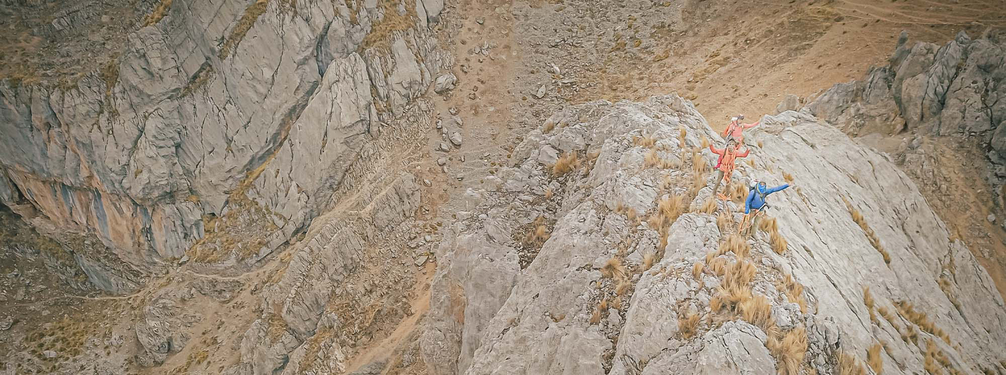 ariel shot of Charlotte and climbing partner in Peru