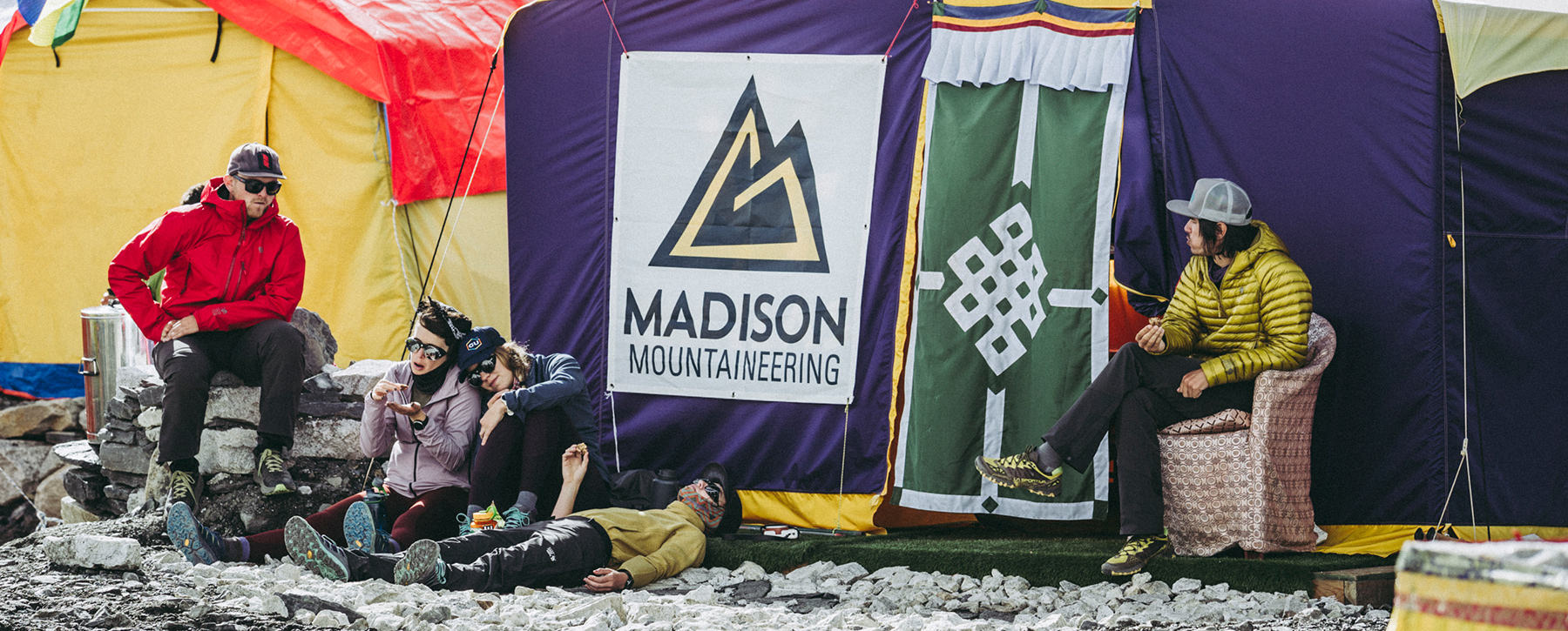 Mountain Hardwear trekkers relaxing at Everest Basecamp. 