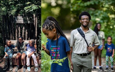 Three side-by-side images showing kids from Greening Youth Foundation smiling and having fun during organized campouts and educational activities.  