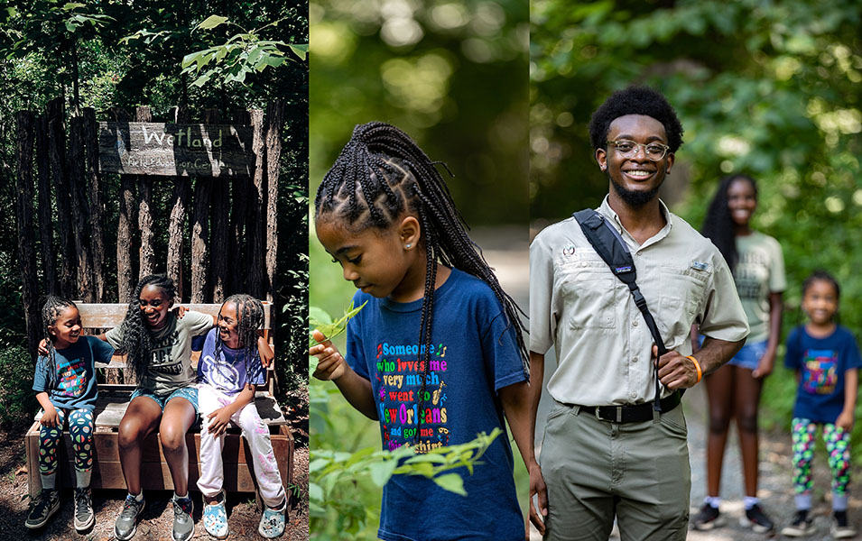 Three side-by-side images showing kids from Greening Youth Foundation smiling and having fun during organized campouts and educational activities.  