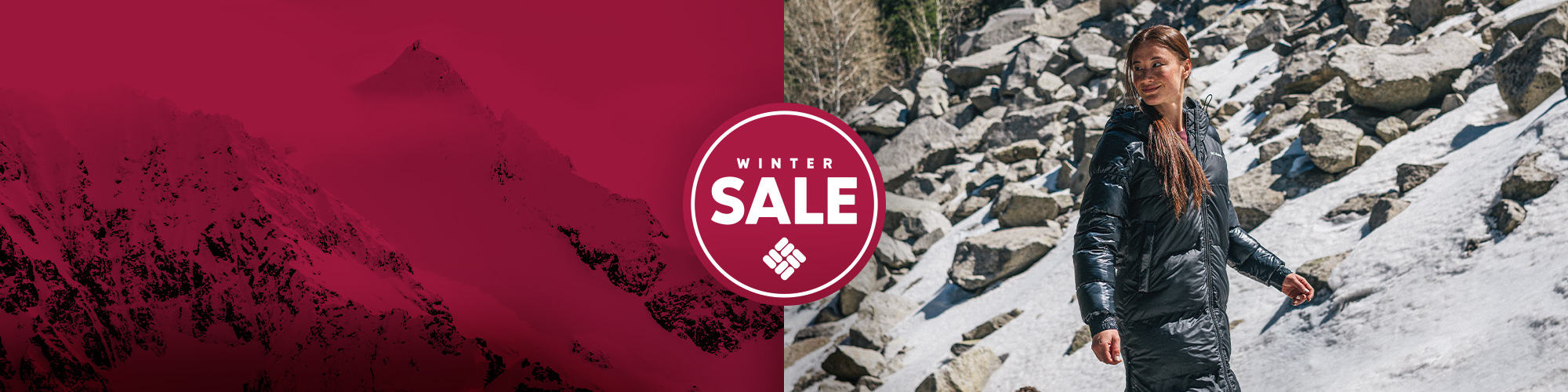 Winter sale logo. Snowy mountain scene. 