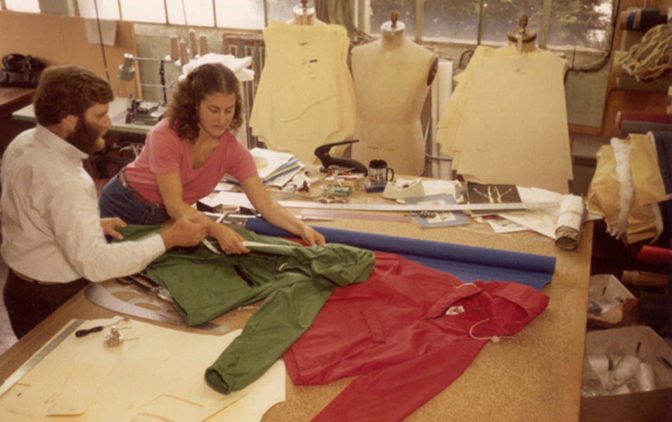 Columbia Sportswear CEO Tim Boyle is pictured here in the 1970s working on an early raincoat prototype.