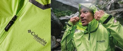 Close up of a green Titanium Columbia jacket. Man wear the jacket.