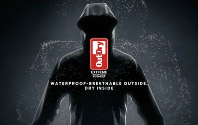 Video for the OutDry Extreme. Black jacket on a dark background with technology logo. 